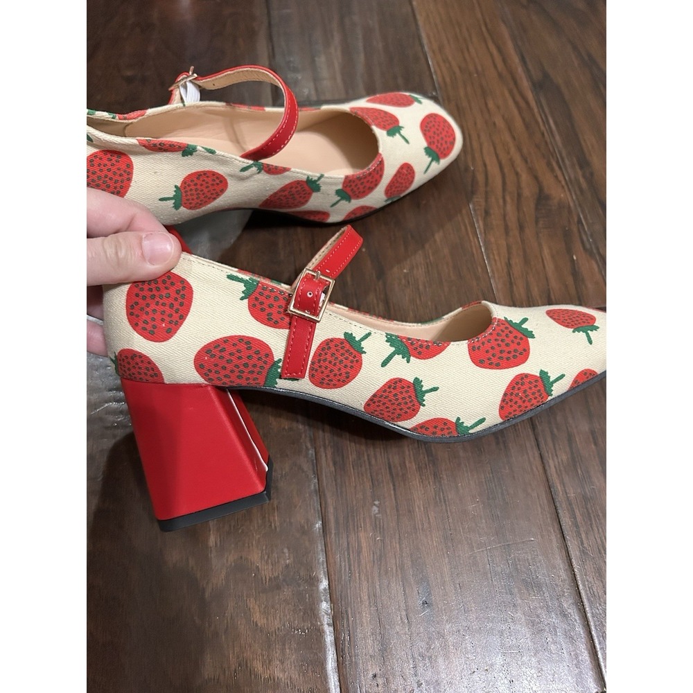 Strawberry Pattern Square Toe Chunky Heeled Mary Jane Pumps Sz 8 - Picture 5 of 12